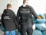Funkcjonariusz Krajowej Administracji Skarbowej oraz Funkcjonariusz Straży Granicznej pochyleni nad workami z nielegalnym tytoniem