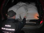 Zdjęcie przedstawia funkcjonariusza celno-skarbowego oraz znajdujący się w samochodzie zatrzymany w worch tytoń.