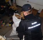 Funkcjonariusz KAS zaglądający do worka z tytoniem