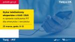Po lewej stronie napis podatki.gov.pl, poniżej informacja: dyżur telefoniczny ekspertów z KAS i ZUS w sprawie rozliczenia PIT dla emerytów i rencistów. 23 marca, godz. 9-12. Poniżej napis Twój e-PIT. W tle ręka trzymająca telefon.  