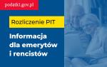 Dwie osoby przy komputerze i napisy: podatki.gov.pl, Rozliczenie PIT. Informacja dla emerytów i rencistów.