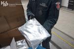 Funkcjonariusz SCS trzyma w dłoniach worek foliowo-aluminiowy.