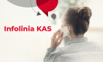 Grafika z napisem Infolinia KAS, kobieta siedzi tyłem trzymając telefon przy uchu