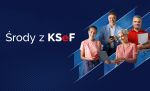 Na granatowym tle 4 osoby z smartfonami i laptopami w ręce