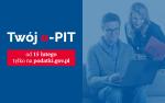 Baner z napisem Twój e-PIT od 15 lutego na podatki.gov.pl oraz kobieta i mężczyzna przy laptopie