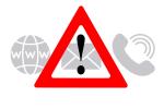 Znak z wykrzyknikiem, w tle ikony Internetu, telefonu i poczty elektronicznej